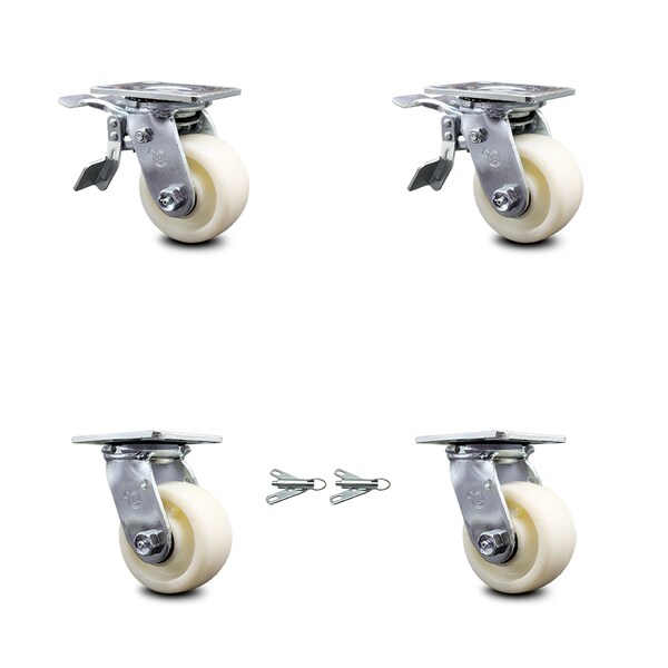 4 Inch Nylon Caster Set with Roller Bearings 2 Brakes 2 Swivel Locks SCC